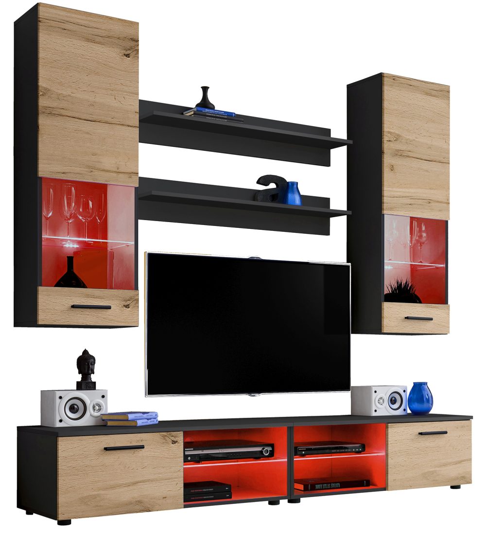 Varallo RTV Möbel Set, Wotan/Schwarz LED RGB Beleuchtung – Bild 1