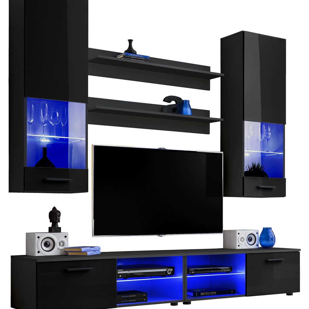 Varallo RTV Möbel Set, Schwarz/Schwarz LED Beleuchtung Blau