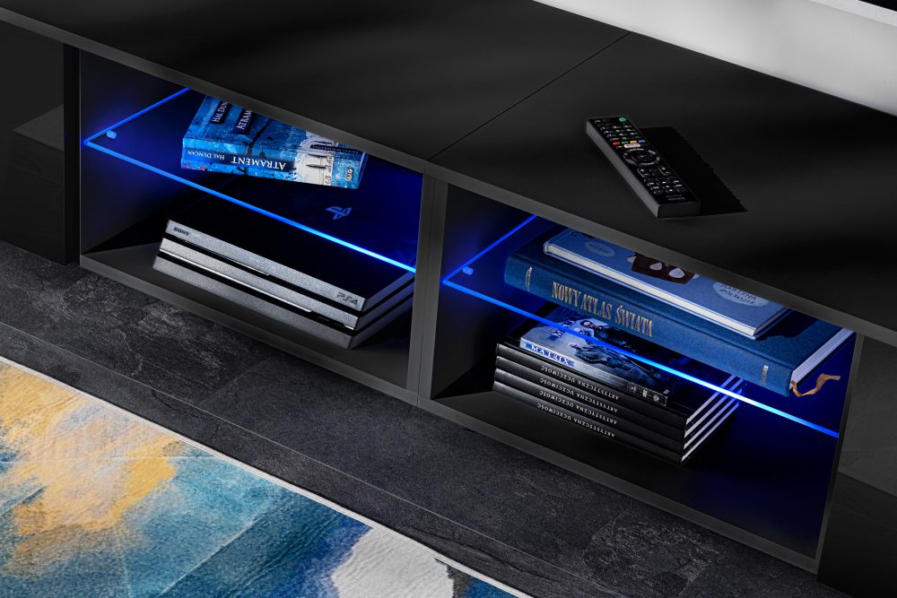 Varallo RTV Möbel Set, Schwarz/Schwarz LED Beleuchtung Blau – Bild 4