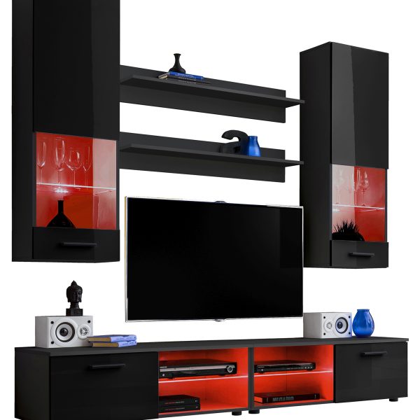 Varallo RTV Möbel Set, Schwarz/Schwarz RGB LED Beleuchtung