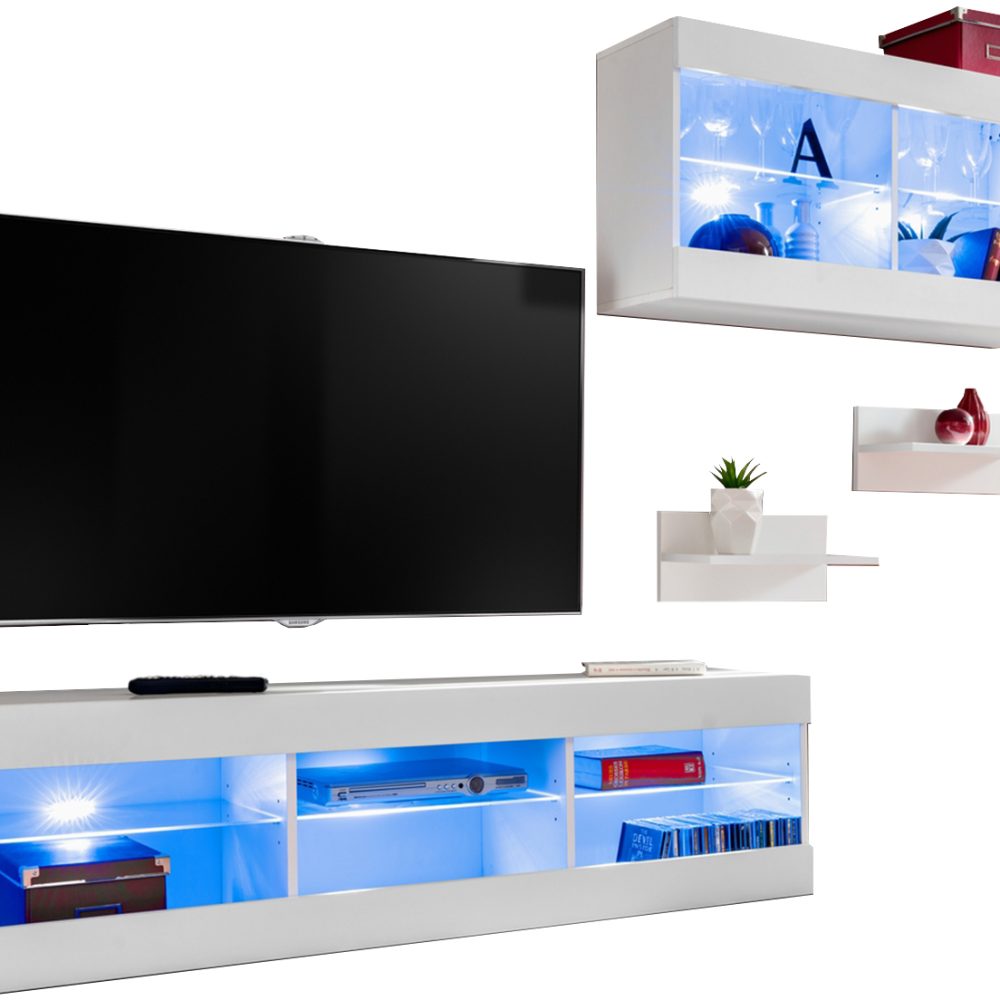 Set Möbel, Tivoli SET3, Weiß/Weiß, Breite 240cm x Höhe 159cm x Tiefe 35cm, LED Blau, für Wohnzimmer, Schlafzimmer