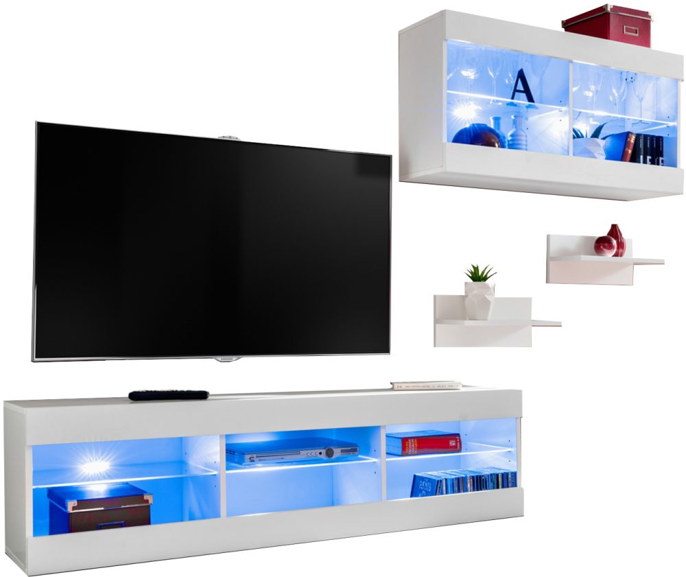 Set Möbel, Tivoli SET3, Weiß/Weiß, Breite 240cm x Höhe 159cm x Tiefe 35cm, LED Blau, für Wohnzimmer, Schlafzimmer – Bild 1