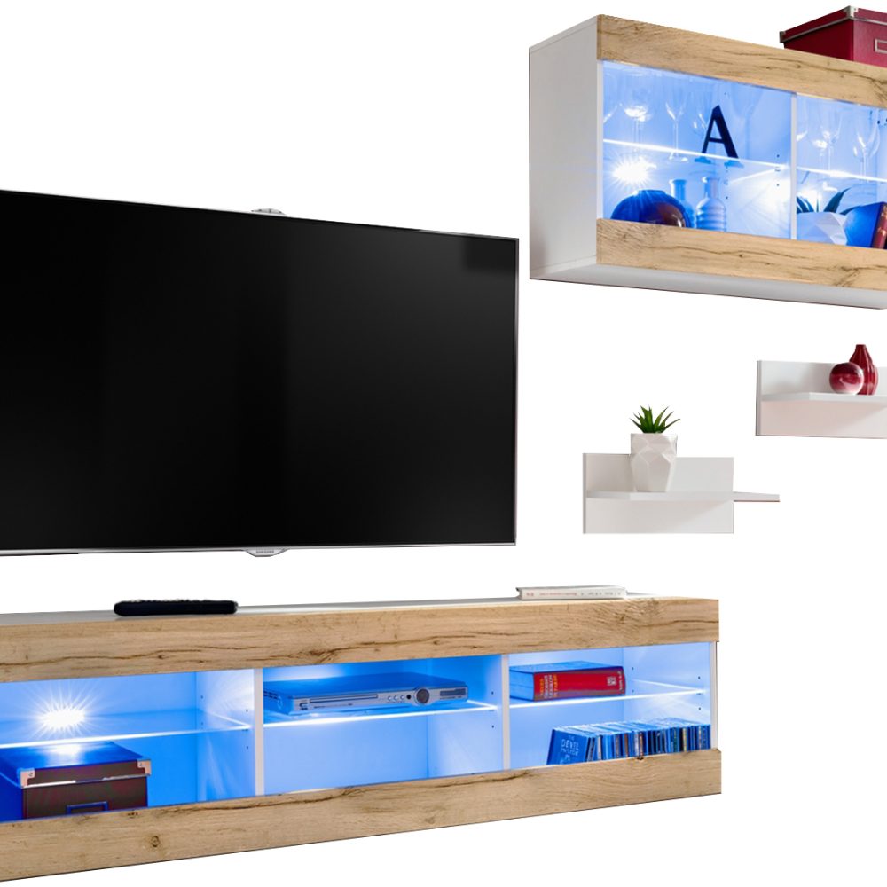 Set, Möbel, Tivoli SET3, Weiß/Wotan, Breite 240cm x Höhe 159cm x Tiefe 35cm, LED Blau, für Wohnzimmer, Schlafzimmer