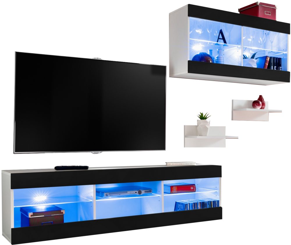 Set Möbel, Tivoli SET3, Weiß/Schwarz, Breite 240cm x Höhe 159cm x Tiefe 35cm, LED Blau, für Wohnzimmer, Schlafzimmer – Bild 1