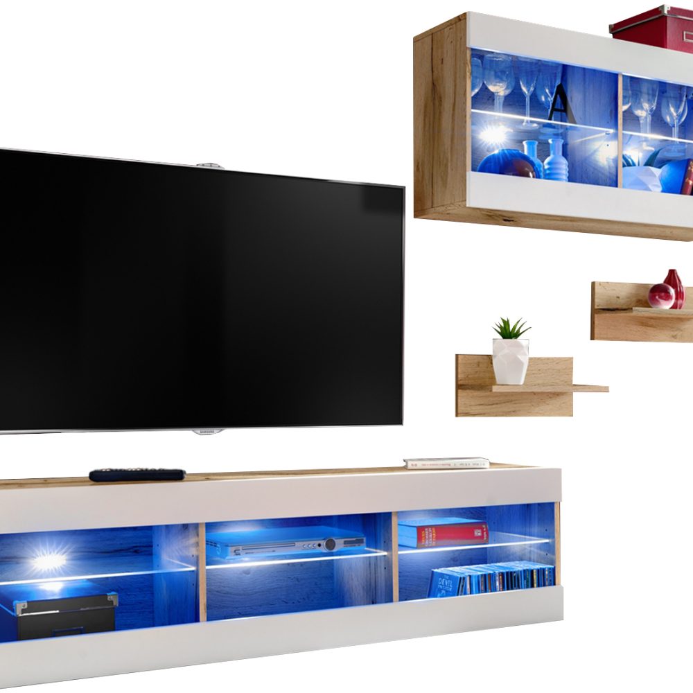 Set, Möbel, Tivoli SET3, Wotan/Weiß, Breite 240cm x Höhe 159cm x Tiefe 35cm, LED Blau, für Wohnzimmer, Schlafzimmer