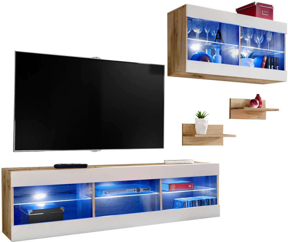 Set, Möbel, Tivoli SET3, Wotan/Weiß, Breite 240cm x Höhe 159cm x Tiefe 35cm, LED Blau, für Wohnzimmer, Schlafzimmer – Bild 1