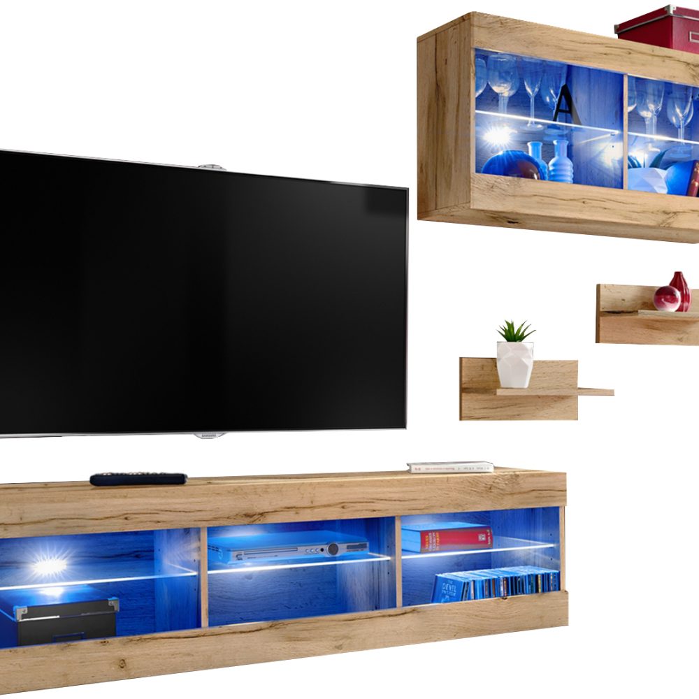 Set, Möbel, Tivoli SET3, Wotan/Wotan, Breite 240cm x Höhe 159cm x Tiefe 35cm, LED Blau, für Wohnzimmer, Schlafzimmer