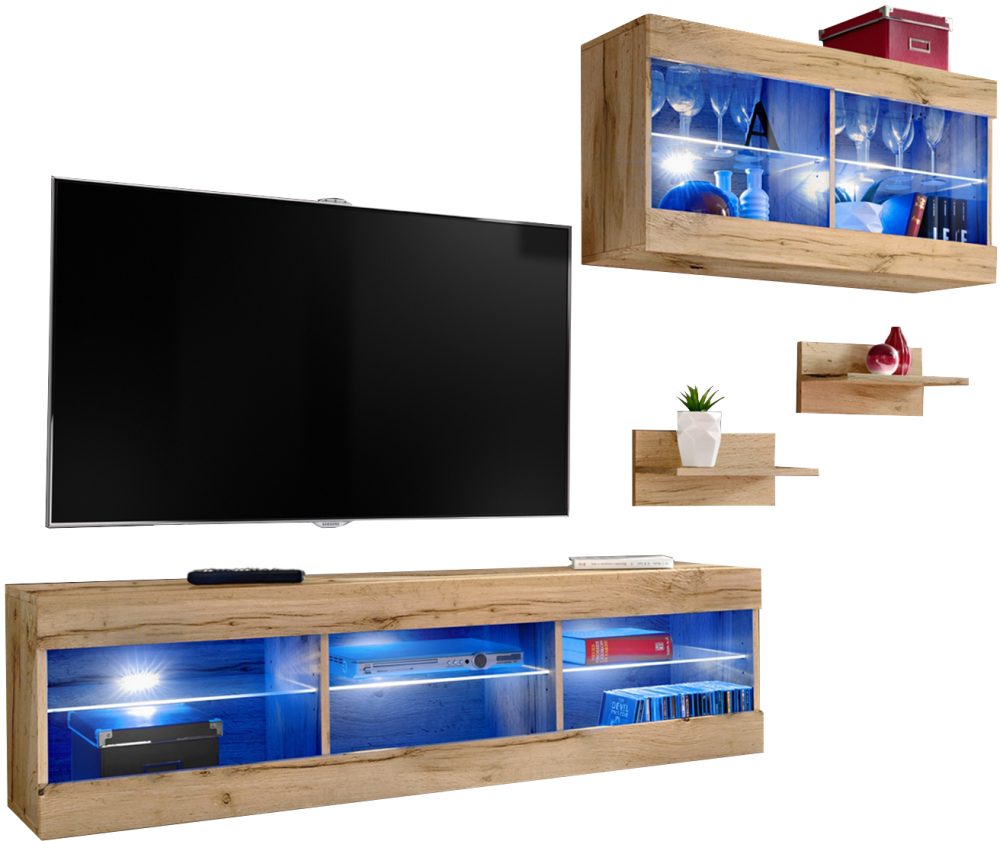 Set, Möbel, Tivoli SET3, Wotan/Wotan, Breite 240cm x Höhe 159cm x Tiefe 35cm, LED Blau, für Wohnzimmer, Schlafzimmer – Bild 1