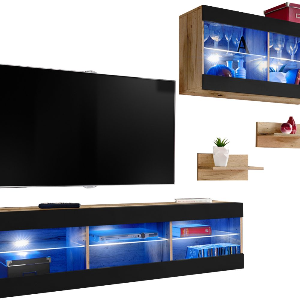 Set, Möbel, Tivoli SET3, Wotan/Schwarz, Breite 240cm x Höhe 159cm x Tiefe 35cm, LED Blau, für Wohnzimmer, Schlafzimmer