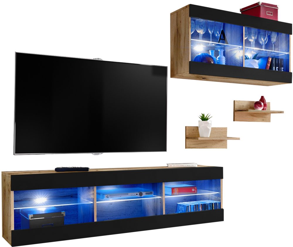 Set, Möbel, Tivoli SET3, Wotan/Schwarz, Breite 240cm x Höhe 159cm x Tiefe 35cm, LED Blau, für Wohnzimmer, Schlafzimmer – Bild 1