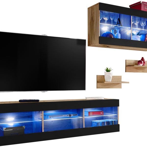 Set, Möbel, Tivoli SET3, Wotan/Schwarz, Breite 240cm x Höhe 159cm x Tiefe 35cm, LED Blau, für Wohnzimmer, Schlafzimmer
