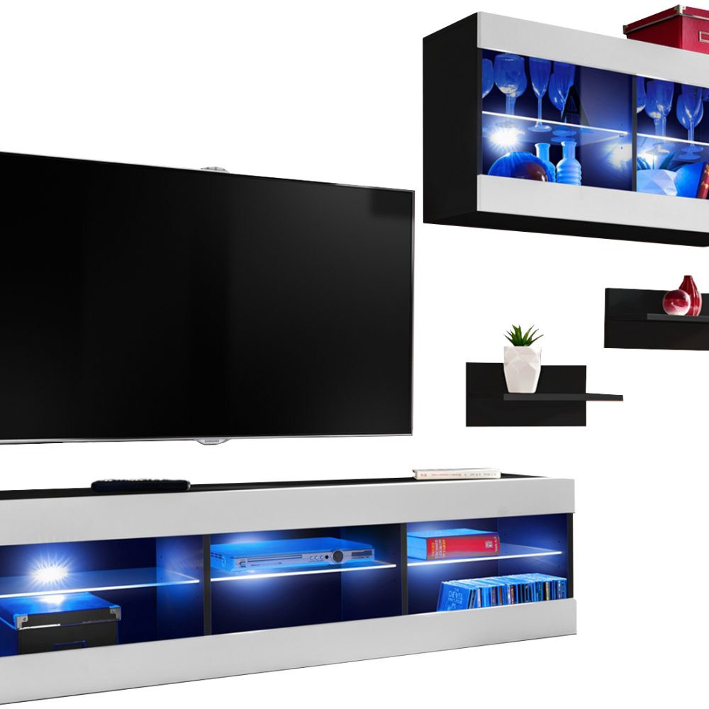 Set Möbel, Tivoli SET3, Schwarz/Weiß, Breite 240cm x Höhe 159cm x Tiefe 35cm, LED Blau, für Wohnzimmer, Schlafzimmer