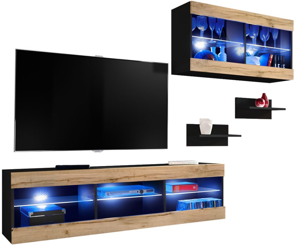 Set Möbel, Tivoli SET3, Schwarz/Wotan, Breite 240cm x Höhe 159cm x Tiefe 35cm, LED Blau, für Wohnzimmer, Schlafzimmer – Bild 1