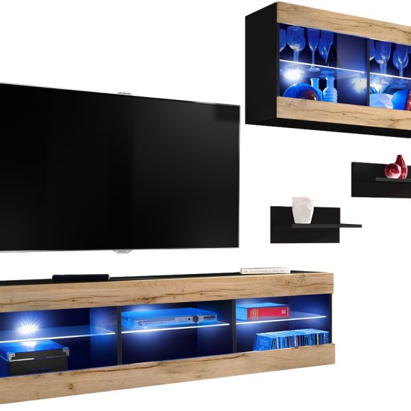 Set Möbel, Tivoli SET3, Schwarz/Wotan, Breite 240cm x Höhe 159cm x Tiefe 35cm, LED Blau, für Wohnzimmer, Schlafzimmer