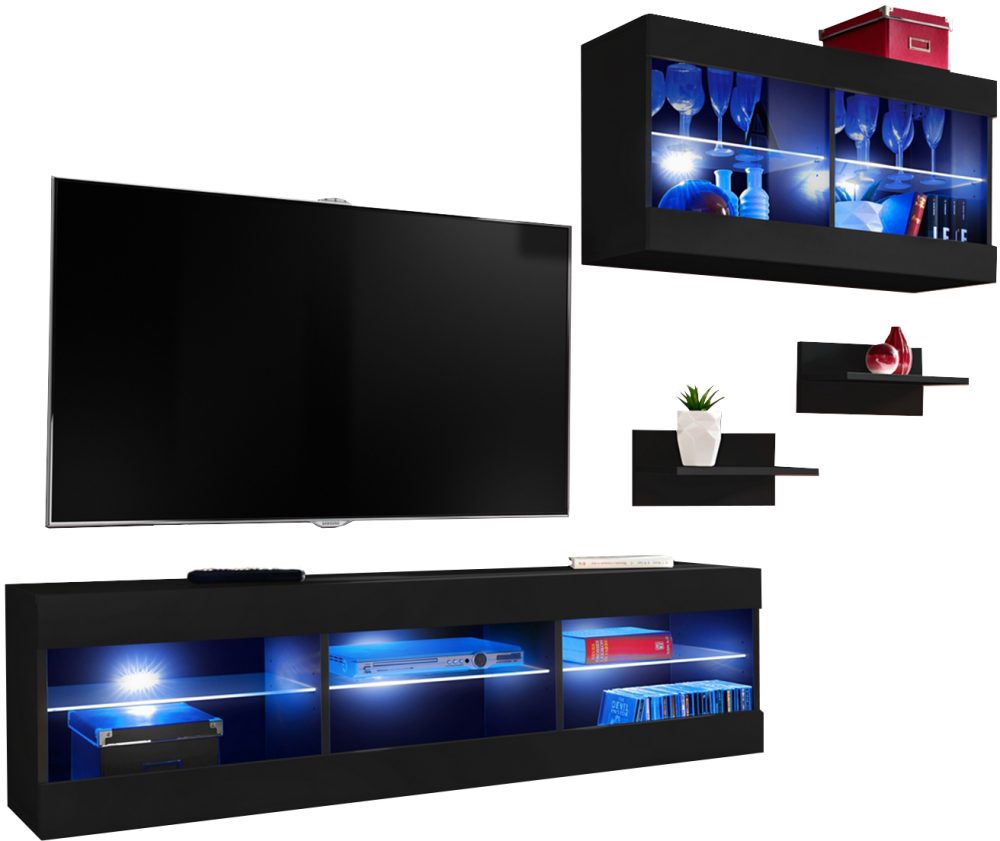 Set Möbel, Tivoli SET3, Schwarz/Schwarz, Breite 240cm x Höhe 159cm x Tiefe 35cm, LED Blau, für Wohnzimmer, Schlafzimmer – Bild 1