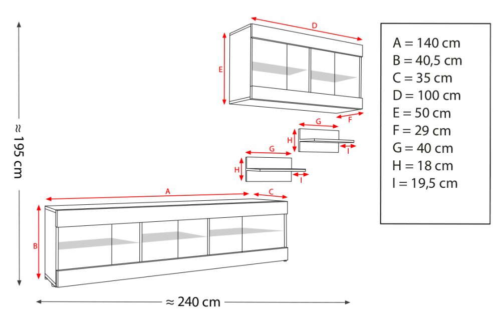 Set Möbel, Tivoli SET3, Schwarz/Schwarz, Breite 240cm x Höhe 159cm x Tiefe 35cm, LED Blau, für Wohnzimmer, Schlafzimmer – Bild 2