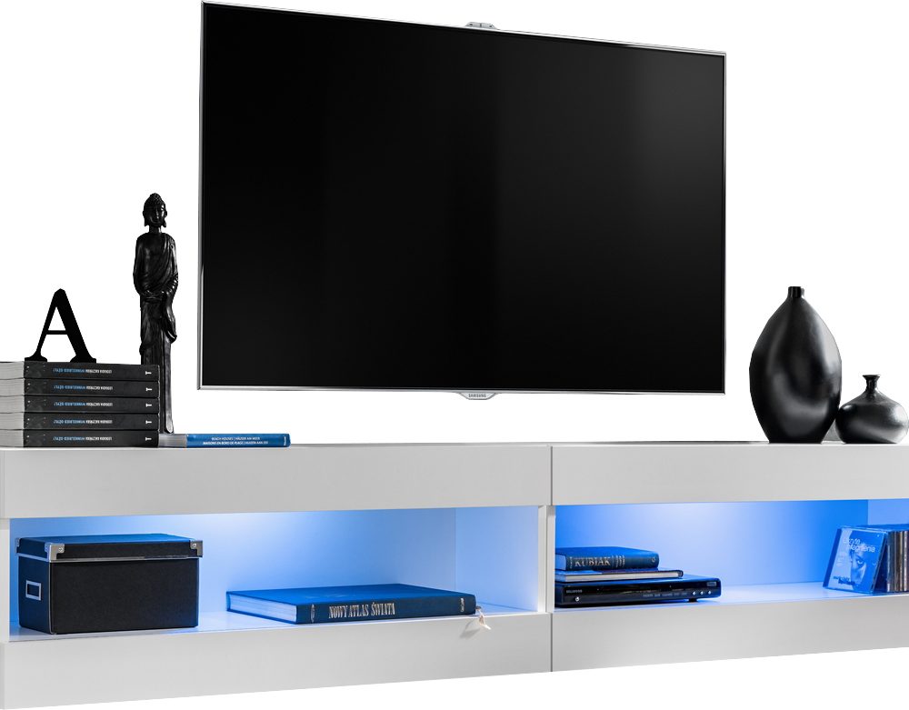  Set, Möbel, Tivoli SET4, Weiß/Weiß, Breite
  200cm x Höhe 41cm x Tiefe 35cm, LED Blau, für Wohnzimmer, Schlafzimmer