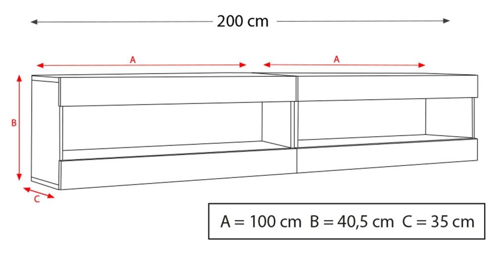  Set, Möbel, Tivoli SET4, Weiß/Weiß, Breite
  200cm x Höhe 41cm x Tiefe 35cm, LED Blau, für Wohnzimmer, Schlafzimmer – Bild 2