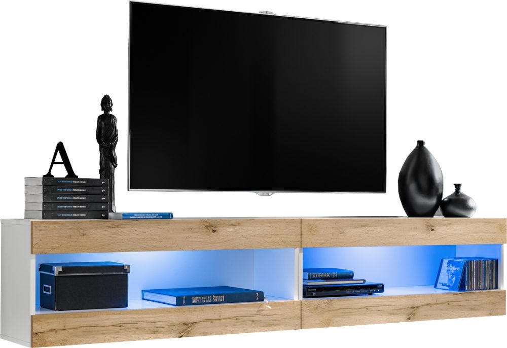  Set, Möbel, Tivoli SET4, Weiß/Wotan, Breite
  200cm x Höhe 41cm x Tiefe 35cm, LED Blau, für Wohnzimmer, Schlafzimmer – Bild 1