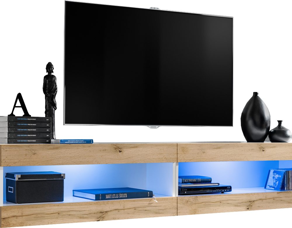  Set, Möbel, Tivoli SET4, Weiß/Wotan, Breite
  200cm x Höhe 41cm x Tiefe 35cm, LED Blau, für Wohnzimmer, Schlafzimmer