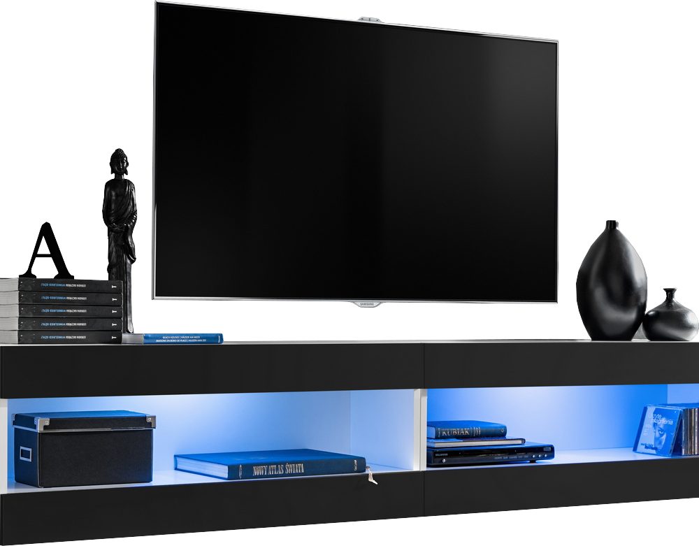  Set, Möbel, Tivoli SET4, Weiß/Schwarz,
  Breite 200cm x Höhe 41cm x Tiefe 35cm, LED Blau, für Wohnzimmer, Schlafzimmer