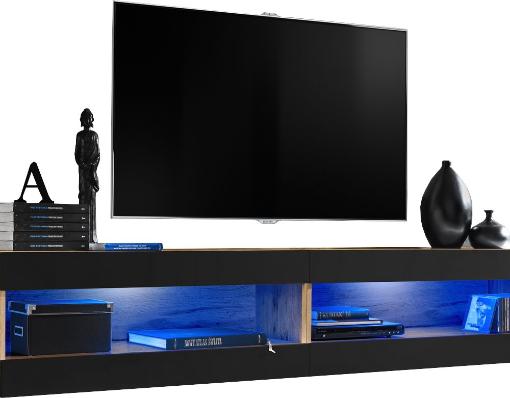  Set, Möbel, Tivoli SET4, Wotan/Schwarz,
  Breite 200cm x Höhe 41cm x Tiefe 35cm, LED Blau, für Wohnzimmer, Schlafzimmer