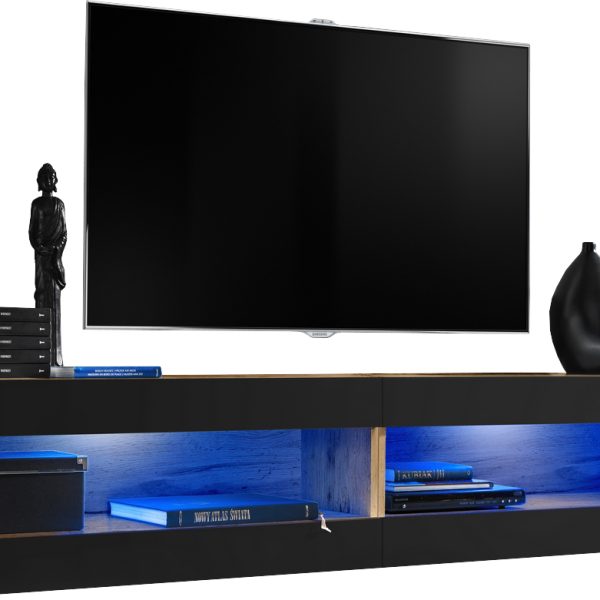  Set, Möbel, Tivoli SET4, Wotan/Schwarz,
  Breite 200cm x Höhe 41cm x Tiefe 35cm, LED Blau, für Wohnzimmer, Schlafzimmer