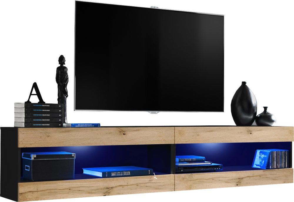  Set, Möbel, Tivoli SET4, Schwarz/Wotan,
  Breite 200cm x Höhe 41cm x Tiefe 35cm, LED Blau, für Wohnzimmer, Schlafzimmer – Bild 1