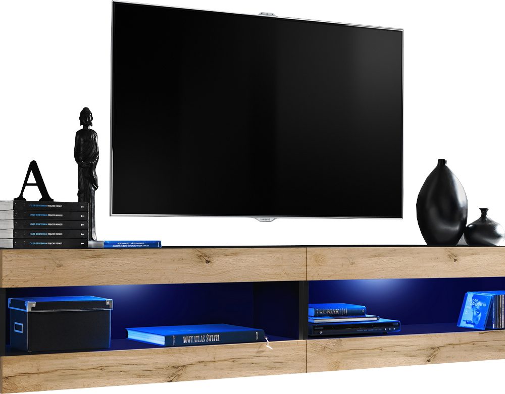  Set, Möbel, Tivoli SET4, Schwarz/Wotan,
  Breite 200cm x Höhe 41cm x Tiefe 35cm, LED Blau, für Wohnzimmer, Schlafzimmer