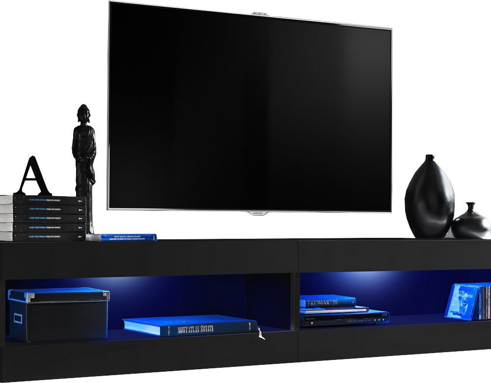  Set, Möbel, Tivoli SET4, Schwarz/Schwarz,
  Breite 200cm x Höhe 41cm x Tiefe 35cm, LED Blau, für Wohnzimmer, Schlafzimmer