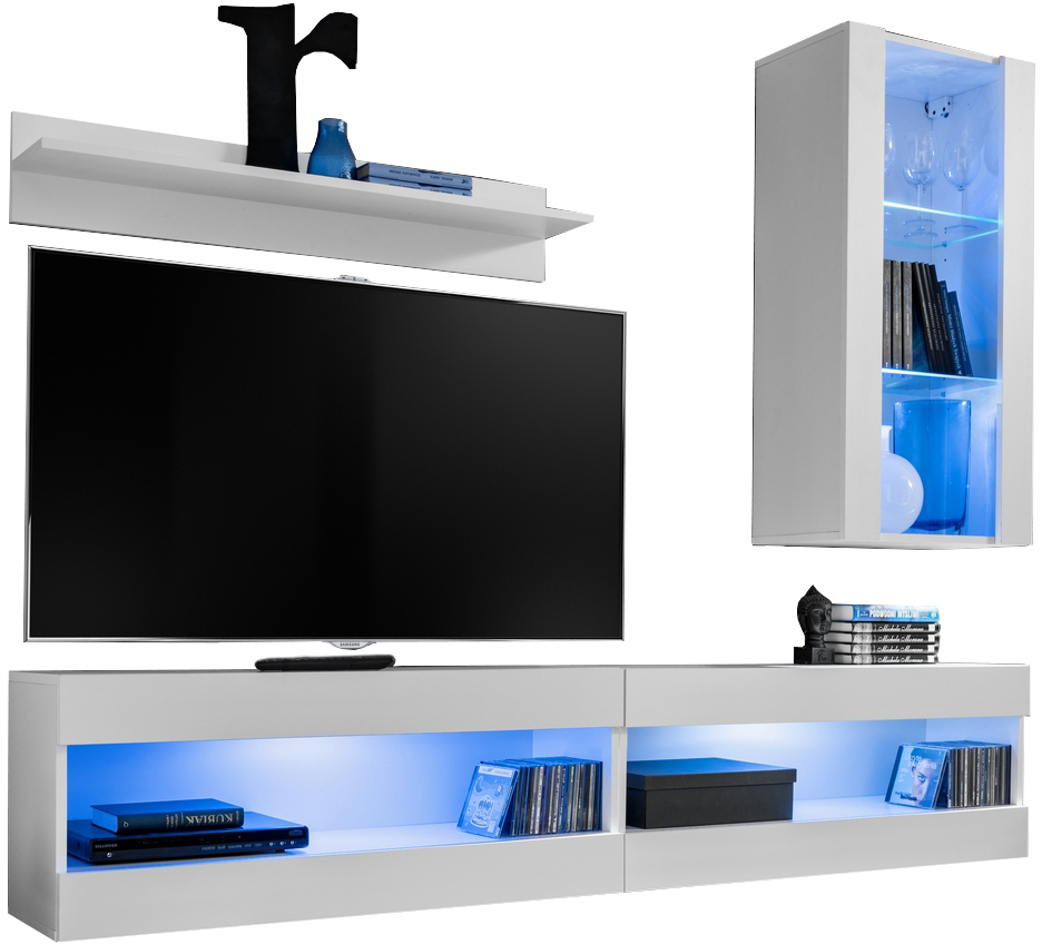  Set, Möbel, Tivoli SET5, Weiß/Weiß, Breite
  200cm x Höhe 195cm x Tiefe 35cm, LED Blau, für Wohnzimmer, Schlafzimmer