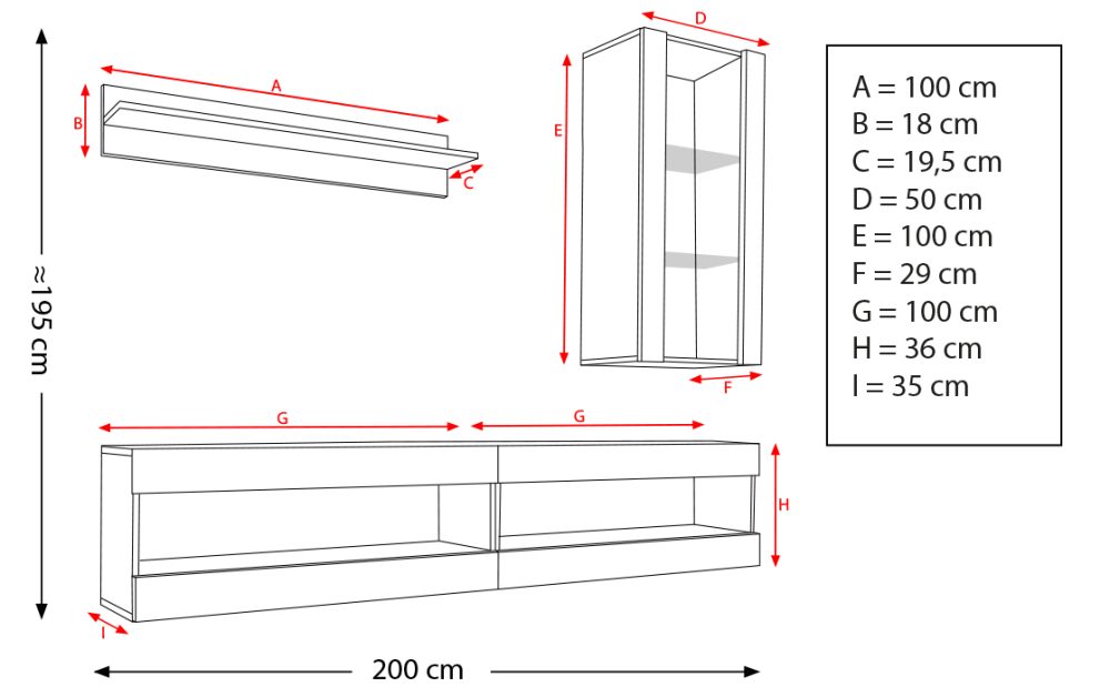  Set, Möbel, Tivoli SET5, Weiß/Schwarz,
  Breite 200cm x Höhe 195cm x Tiefe 35cm, LED Blau, für Wohnzimmer,
  Schlafzimmer – Bild 2