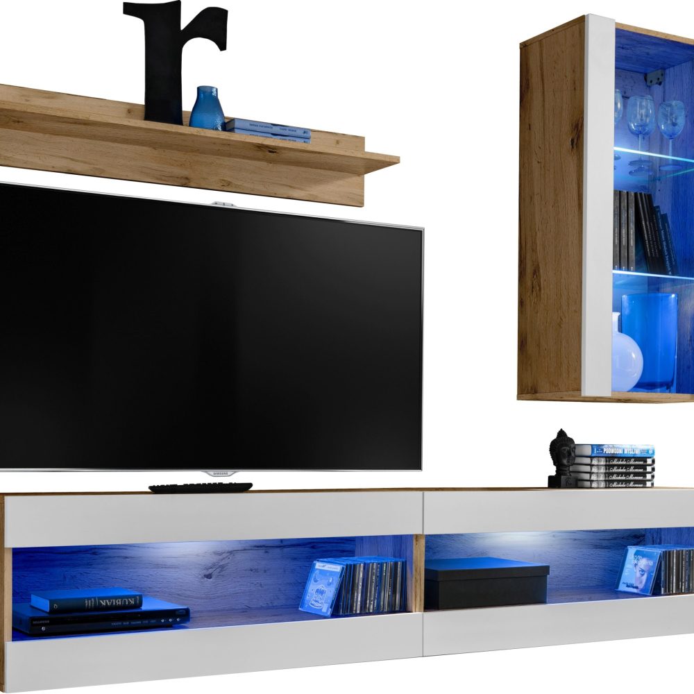  Set, Möbel, Tivoli SET5, Wotan/Weiß, Breite
  200cm x Höhe 195cm x Tiefe 35cm, LED Blau, für Wohnzimmer, Schlafzimmer