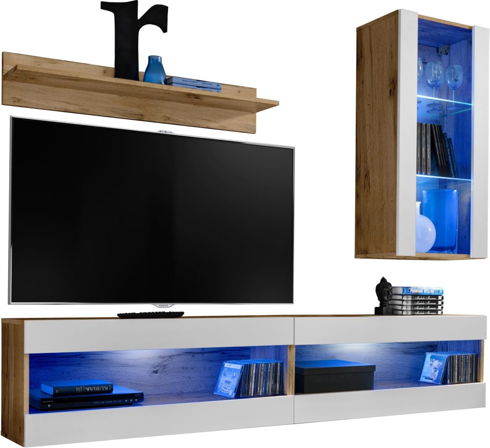  Set, Möbel, Tivoli SET5, Wotan/Weiß, Breite
  200cm x Höhe 195cm x Tiefe 35cm, LED Blau, für Wohnzimmer, Schlafzimmer – Bild 1