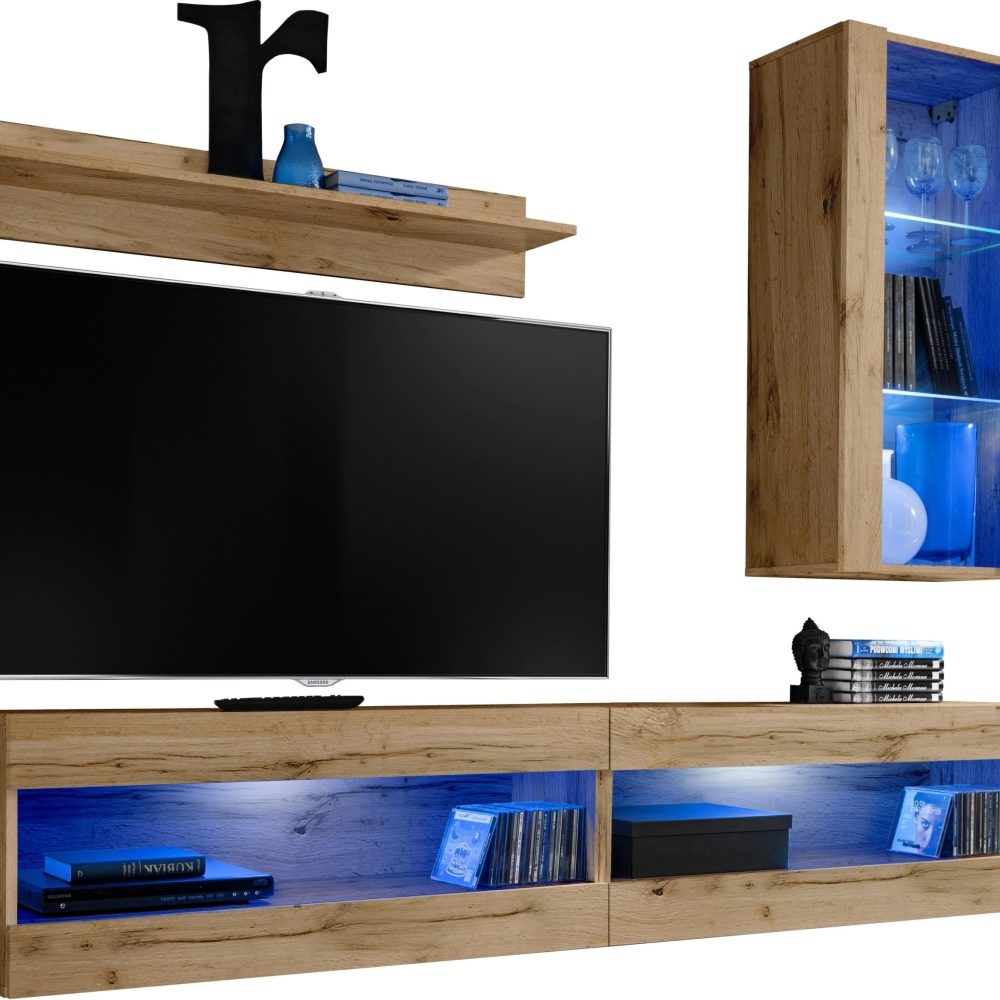  Set, Möbel, Tivoli SET5, Wotan/Wotan, Breite
  200cm x Höhe 195cm x Tiefe 35cm, LED Blau, für Wohnzimmer, Schlafzimmer