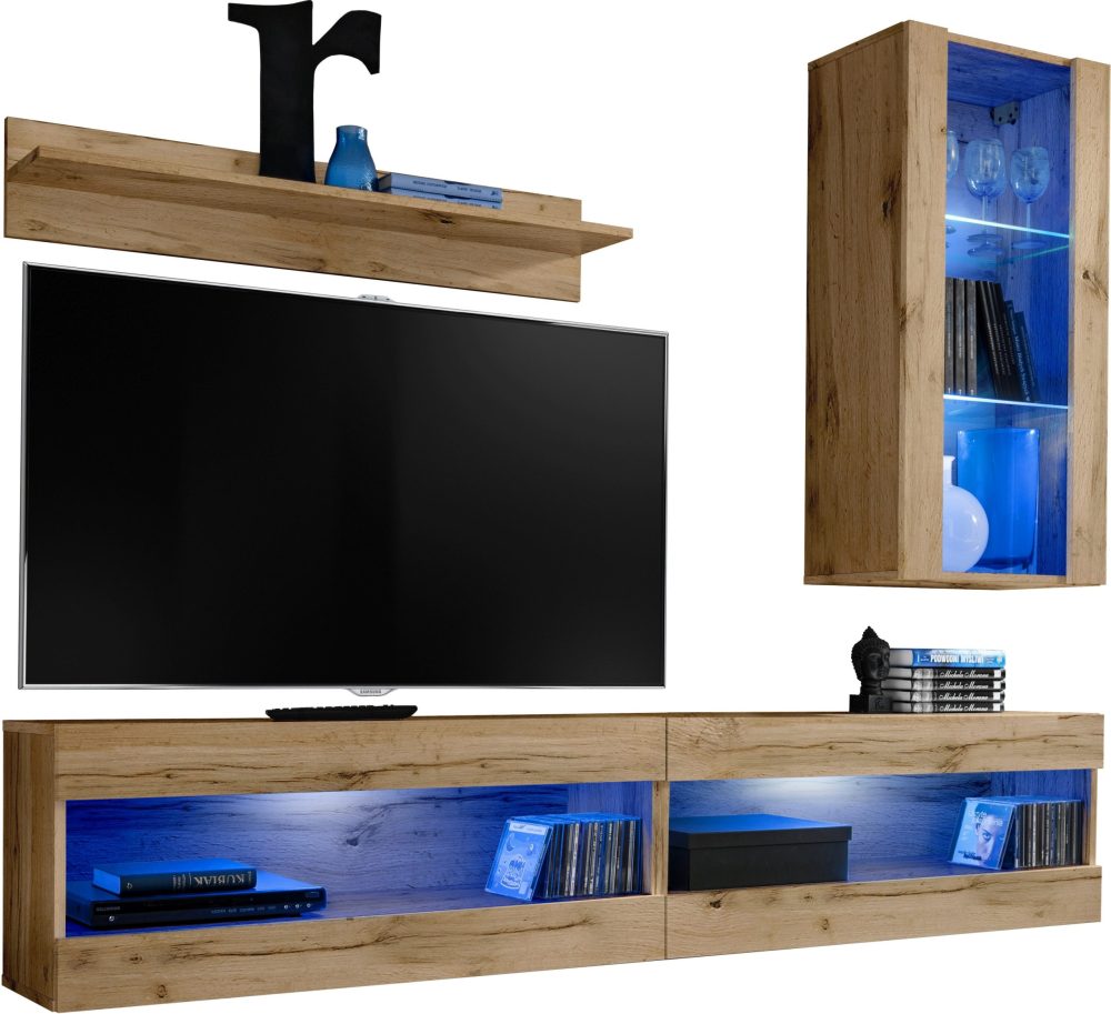  Set, Möbel, Tivoli SET5, Wotan/Wotan, Breite
  200cm x Höhe 195cm x Tiefe 35cm, LED Blau, für Wohnzimmer, Schlafzimmer – Bild 1