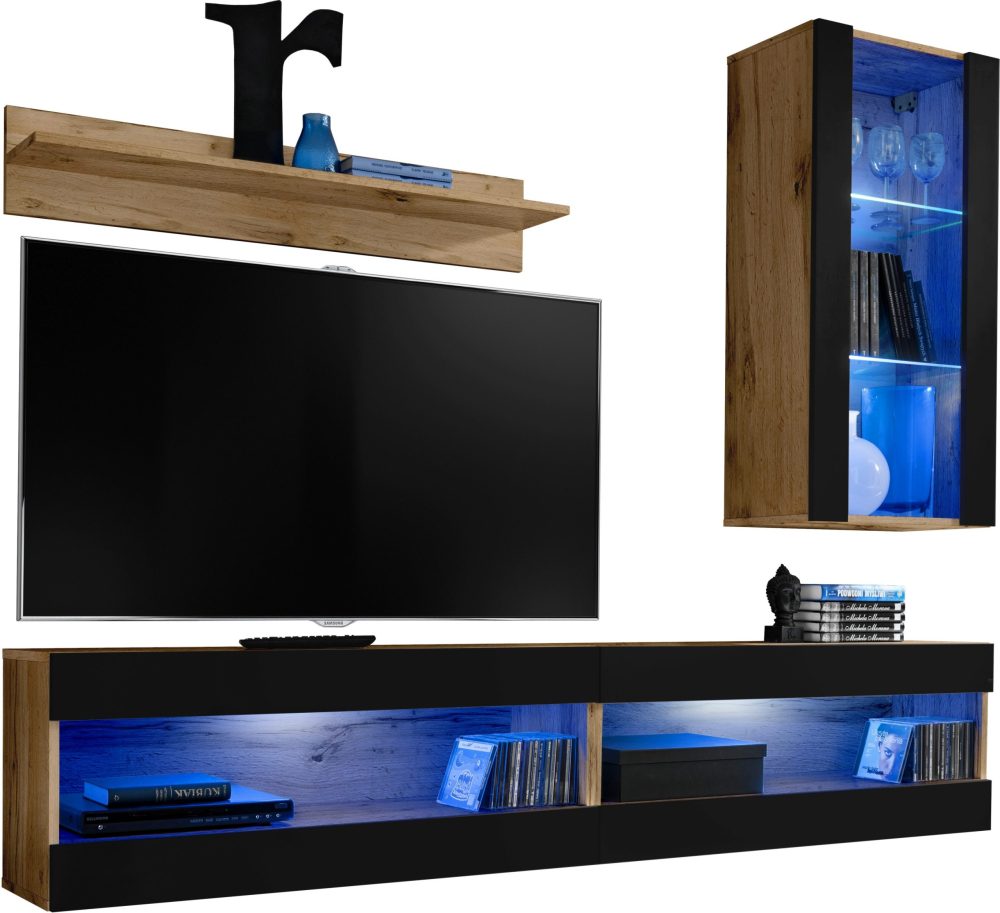  Set, Möbel, Tivoli SET5, Wotan/Schwarz,
  Breite 200cm x Höhe 195cm x Tiefe 35cm, LED Blau, für Wohnzimmer,
  Schlafzimmer – Bild 1