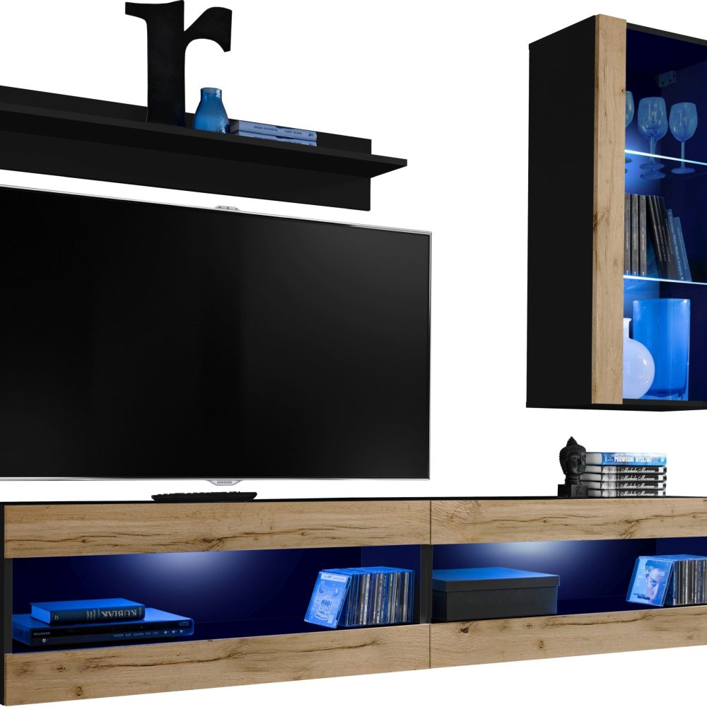  Set, Möbel, Tivoli SET5, Schwarz/Wotan,
  Breite 200cm x Höhe 195cm x Tiefe 35cm, LED Blau, für Wohnzimmer,
  Schlafzimmer