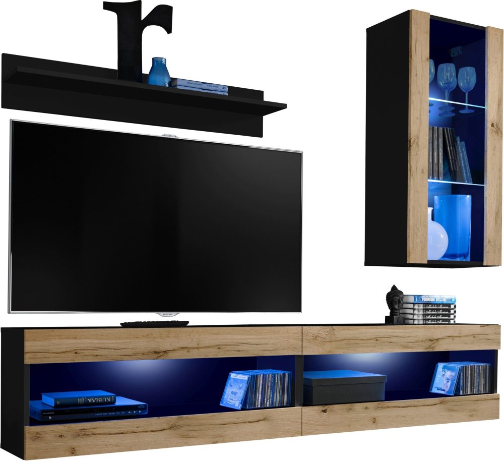  Set, Möbel, Tivoli SET5, Schwarz/Wotan,
  Breite 200cm x Höhe 195cm x Tiefe 35cm, LED Blau, für Wohnzimmer,
  Schlafzimmer – Bild 1