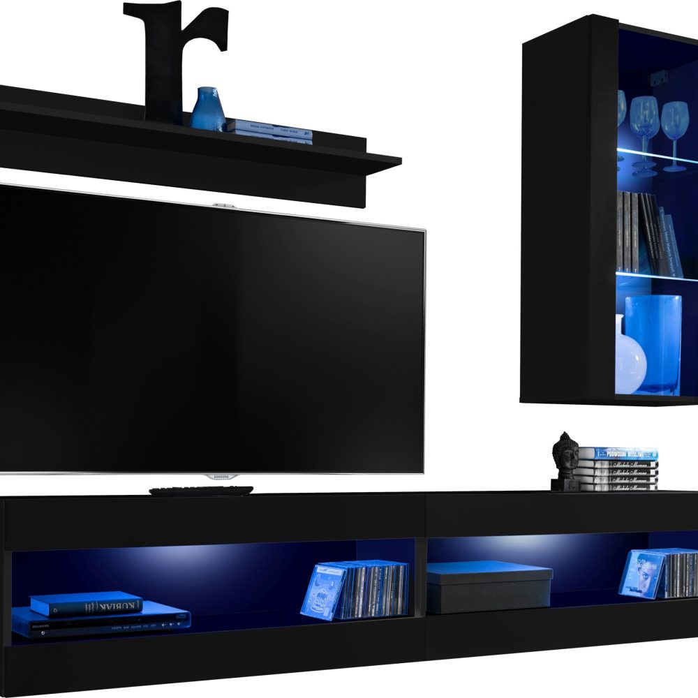  Set, Möbel, Tivoli SET5, Schwarz/Schwarz,
  Breite 200cm x Höhe 195cm x Tiefe 35cm, LED Blau, für Wohnzimmer,
  Schlafzimmer