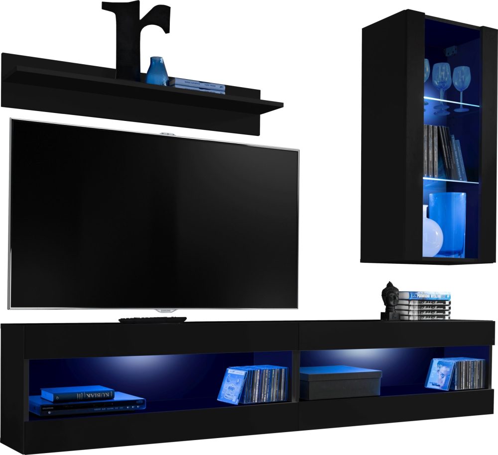  Set, Möbel, Tivoli SET5, Schwarz/Schwarz,
  Breite 200cm x Höhe 195cm x Tiefe 35cm, LED Blau, für Wohnzimmer,
  Schlafzimmer – Bild 1