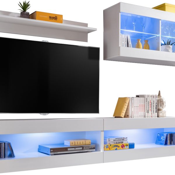  Set, Möbel, Tivoli SET6, Weiß/Weiß, Breite
  200cm x Höhe 195cm x Tiefe 35cm, LED Blau, für Wohnzimmer, Schlafzimmer