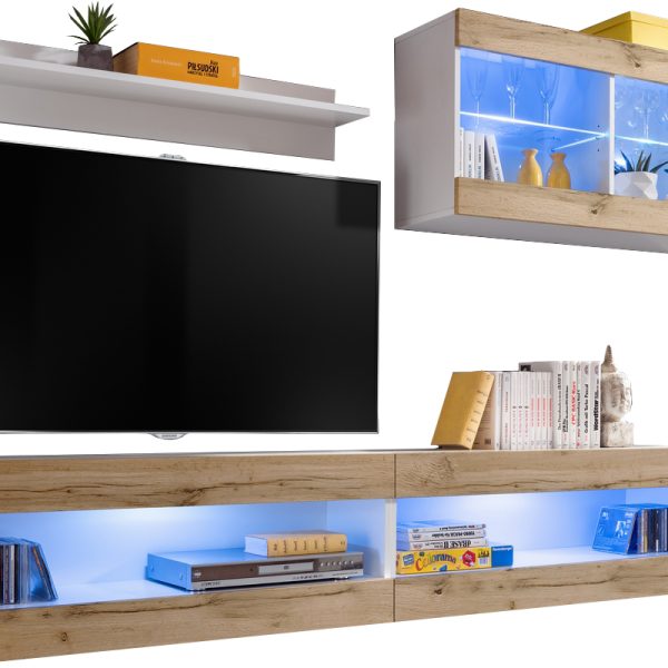  Set, Möbel, Tivoli SET6, Weiß/Wotan, Breite
  200cm x Höhe 195cm x Tiefe 35cm, LED Blau, für Wohnzimmer, Schlafzimmer