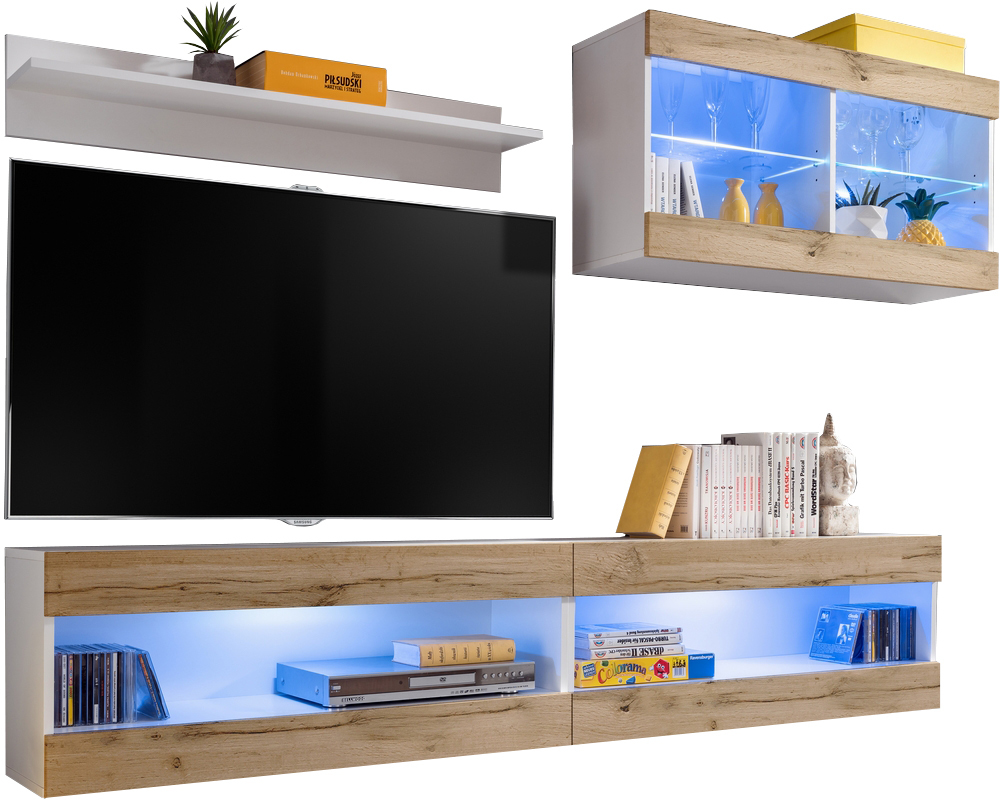  Set, Möbel, Tivoli SET6, Weiß/Wotan, Breite
  200cm x Höhe 195cm x Tiefe 35cm, LED Blau, für Wohnzimmer, Schlafzimmer