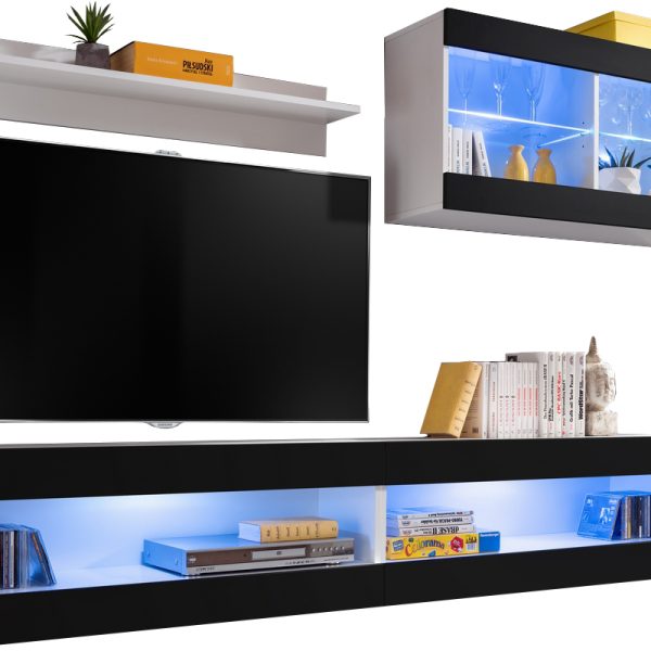  Set, Möbel, Tivoli SET6, Weiß/Schwarz,
  Breite 200cm x Höhe 195cm x Tiefe 35cm, LED Blau, für Wohnzimmer,
  Schlafzimmer