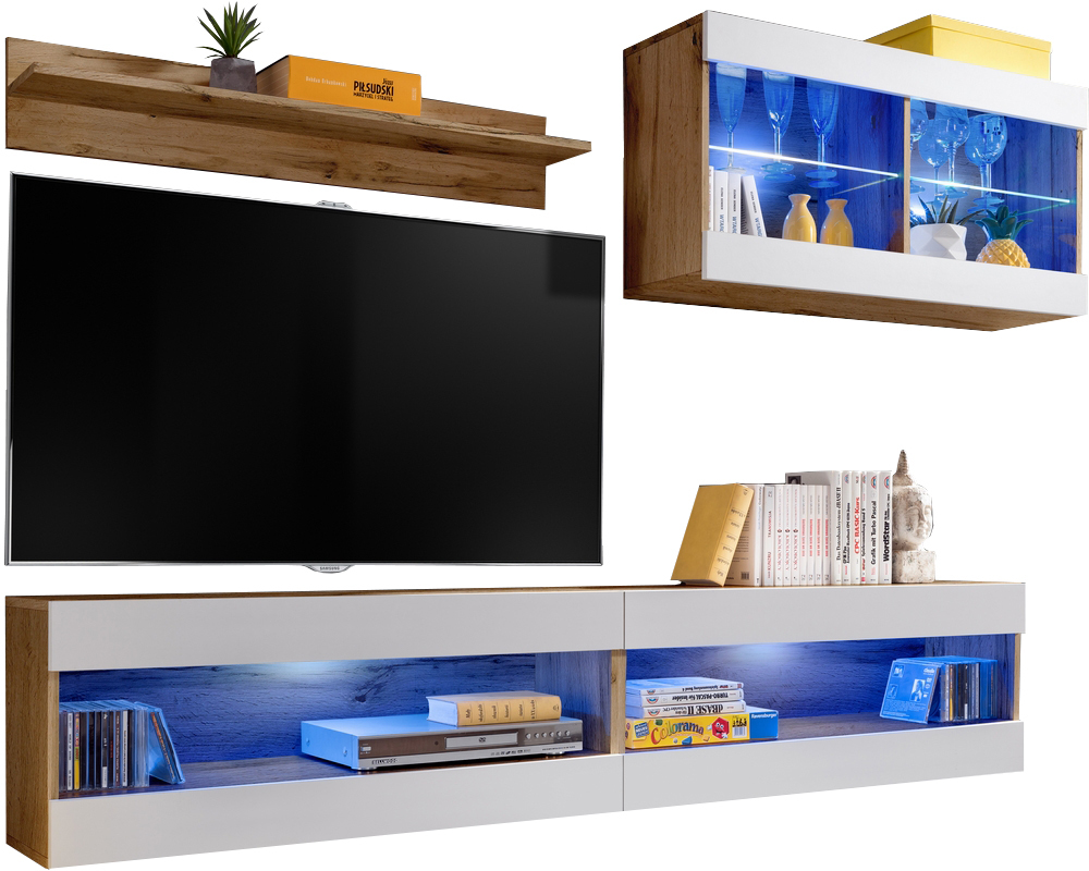  Set, Möbel, Tivoli SET6, Wotan/Weiß, Breite
  200cm x Höhe 195cm x Tiefe 35cm, LED Blau, für Wohnzimmer, Schlafzimmer