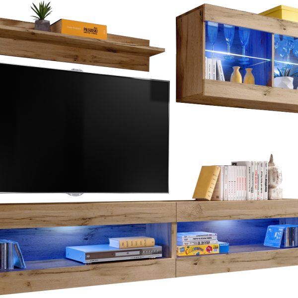  Set, Möbel, Tivoli SET6, Wotan/Wotan, Breite
  200cm x Höhe 195cm x Tiefe 35cm, LED Blau, für Wohnzimmer, Schlafzimmer
