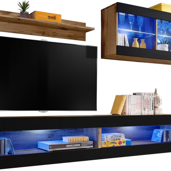  Set, Möbel, Tivoli SET6, Wotan/Schwarz,
  Breite 200cm x Höhe 195cm x Tiefe 35cm, LED Blau, für Wohnzimmer,
  Schlafzimmer