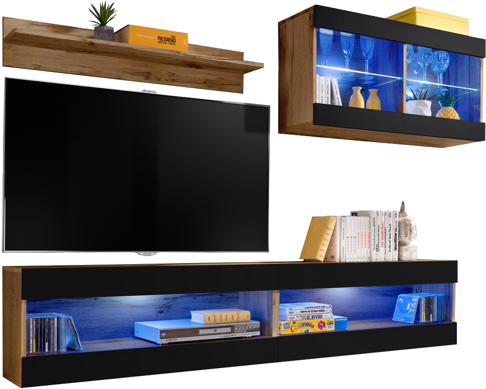  Set, Möbel, Tivoli SET6, Wotan/Schwarz,
  Breite 200cm x Höhe 195cm x Tiefe 35cm, LED Blau, für Wohnzimmer,
  Schlafzimmer