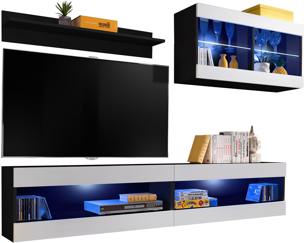  Set, Möbel, Tivoli SET6, Schwarz/Weiß,
  Breite 200cm x Höhe 195cm x Tiefe 35cm, LED Blau, für Wohnzimmer,
  Schlafzimmer